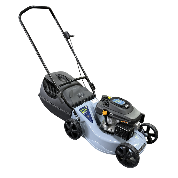 A walk-behind lawn mower with a light blue-gray body, black handle, black wheels, and a black engine housing with a visible spark plug and small yellow accents, isolated on a white background.